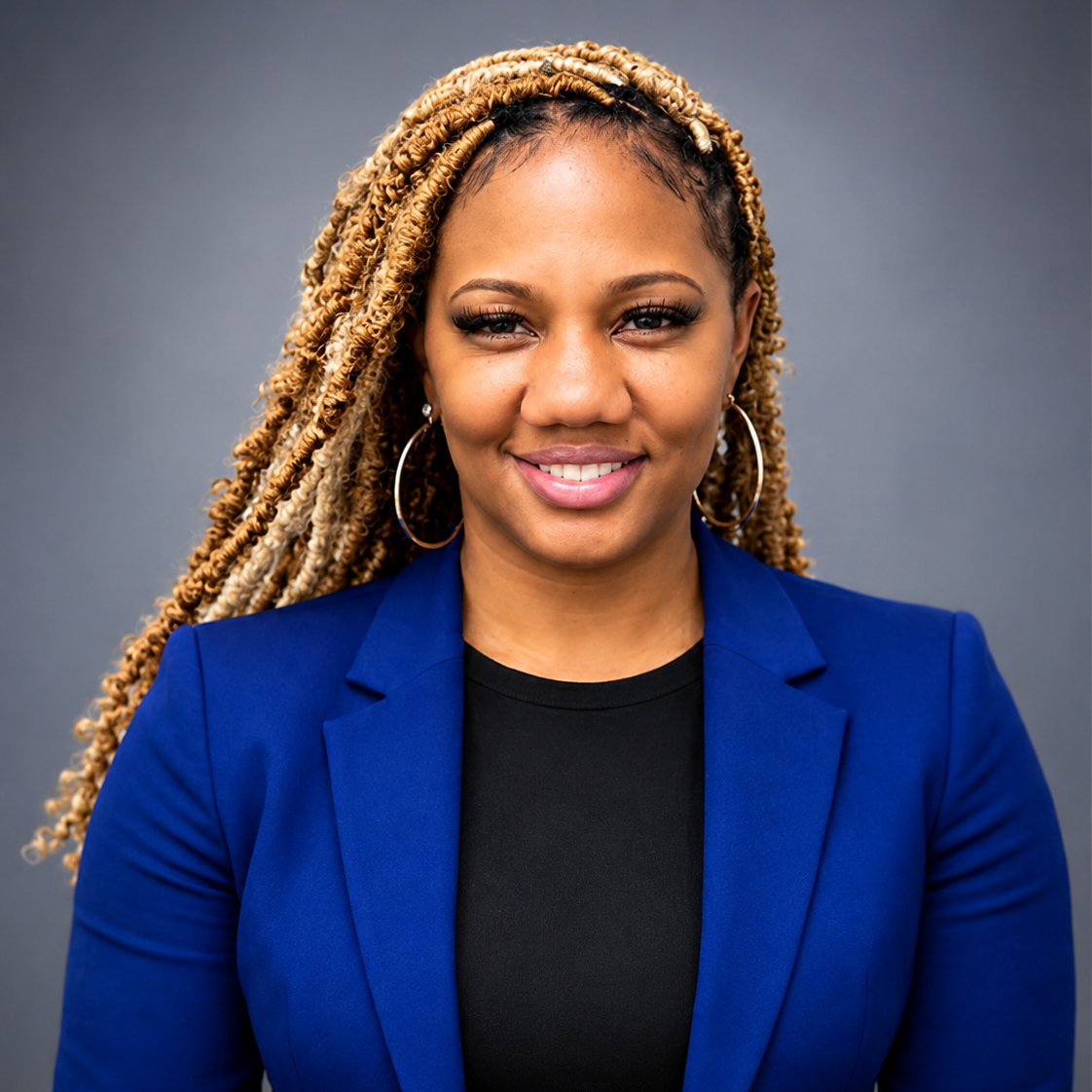 Portrait of Principal Regina Barr of Roberto Clemente Middle School smiling in a blue blazer against a gray background.