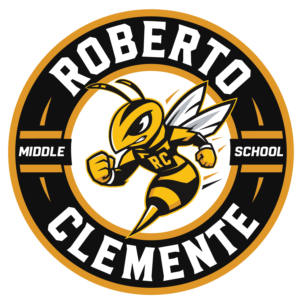 Circular Roberto Clemente Middle School logo featuring the yellow jacket mascot and school name.